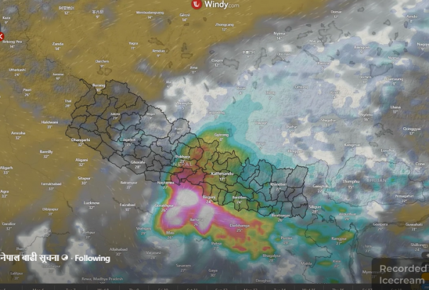 भारी वर्षा अझै ३० घण्टा रहने नयाँ प्रक्षेपण, ठूलो प्रभाव बागमति र मधेश प्रदेशमा