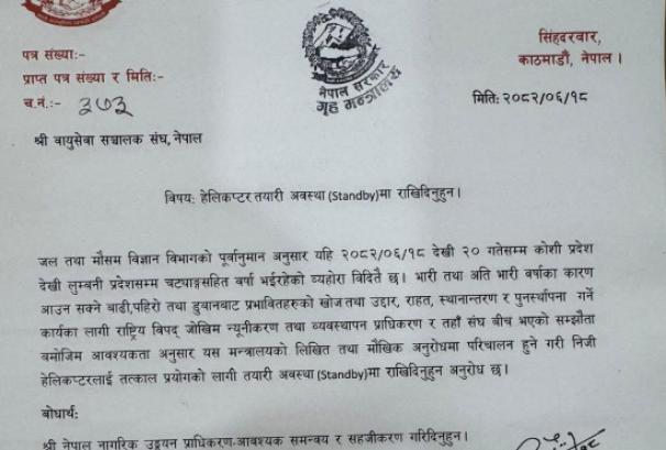 गृहले निजी हेलिकोप्टरलाई स्ट्याण्डबाई रहन भन्यो, मौखिक आदेशमै पनि उड्नुपर्ने