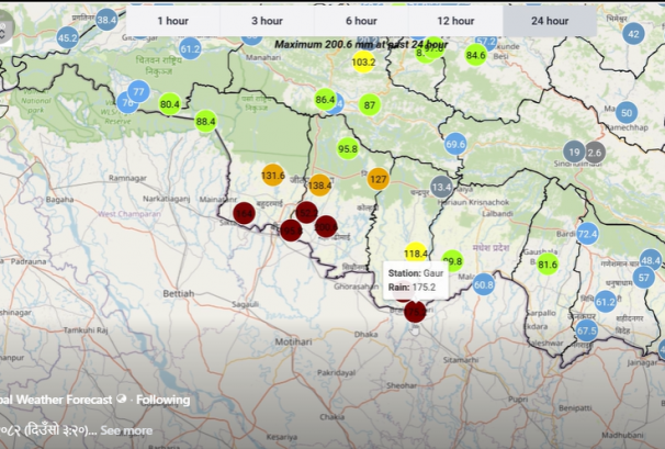 कलैयामा अति भारी वर्षा, २४ घण्टामा २००.६ मिलिमिटर पानी पर्‍यो