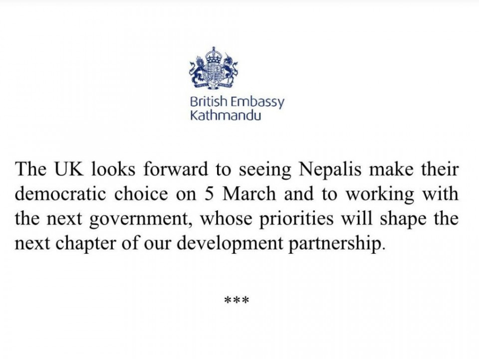 बेलायतको प्रतिबद्धता : फागुन २१ पछि बन्ने सरकारसँग सहकार्य गर्न तयार