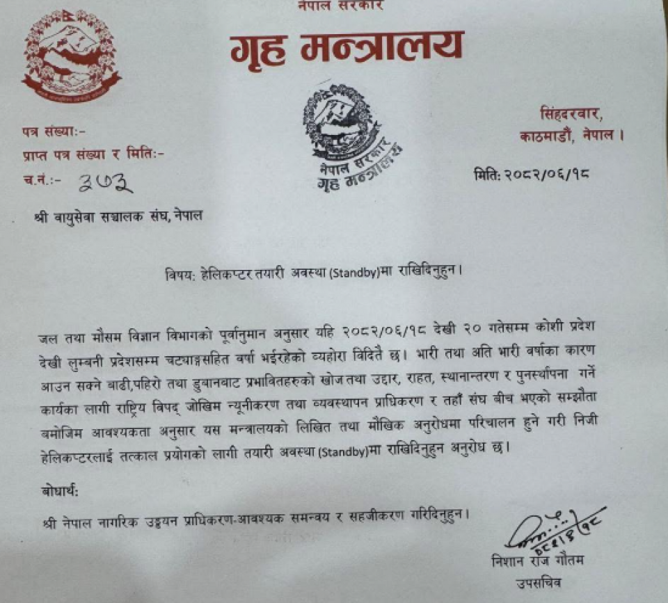 गृहले निजी हेलिकोप्टरलाई स्ट्याण्डबाई रहन भन्यो, मौखिक आदेशमै पनि उड्नुपर्ने