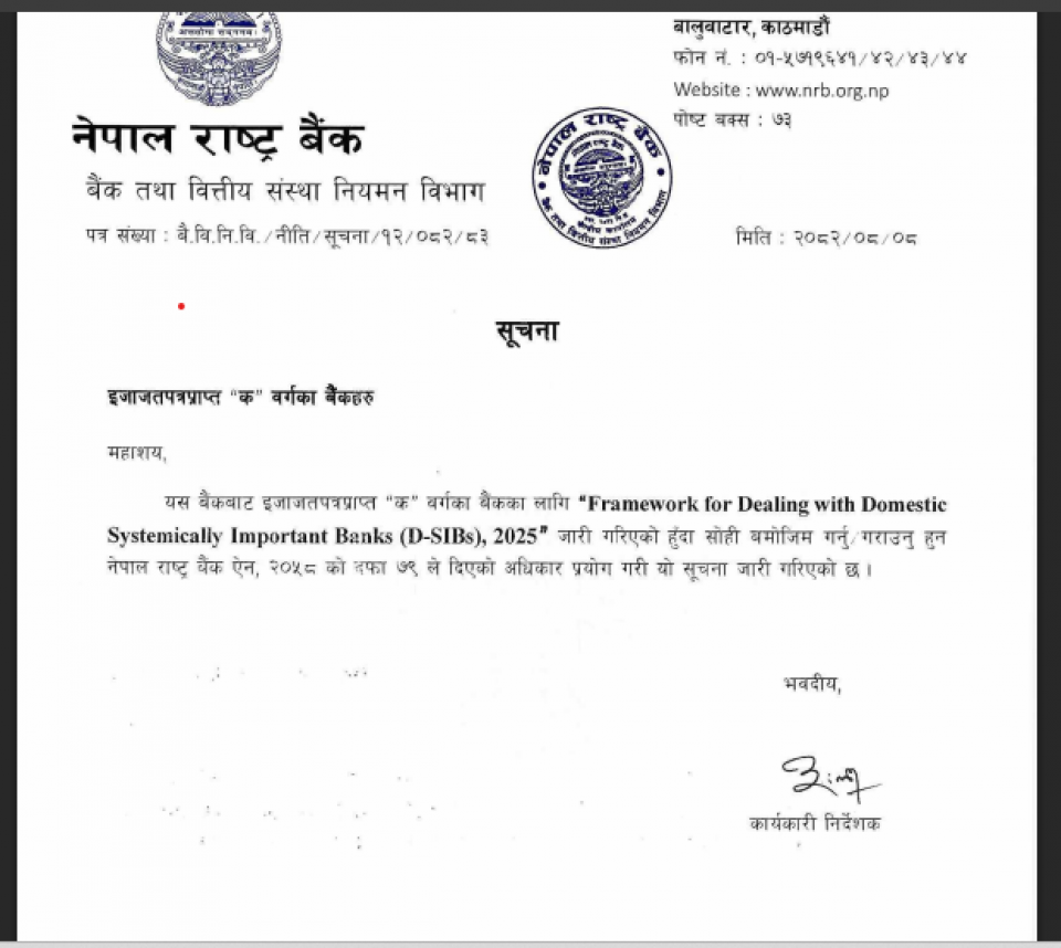 नेपालमा पनि D-SIB बैंकको सूची आउँदै : पहिलो नाम असोज २०८३ मा सार्वजनिक हुने