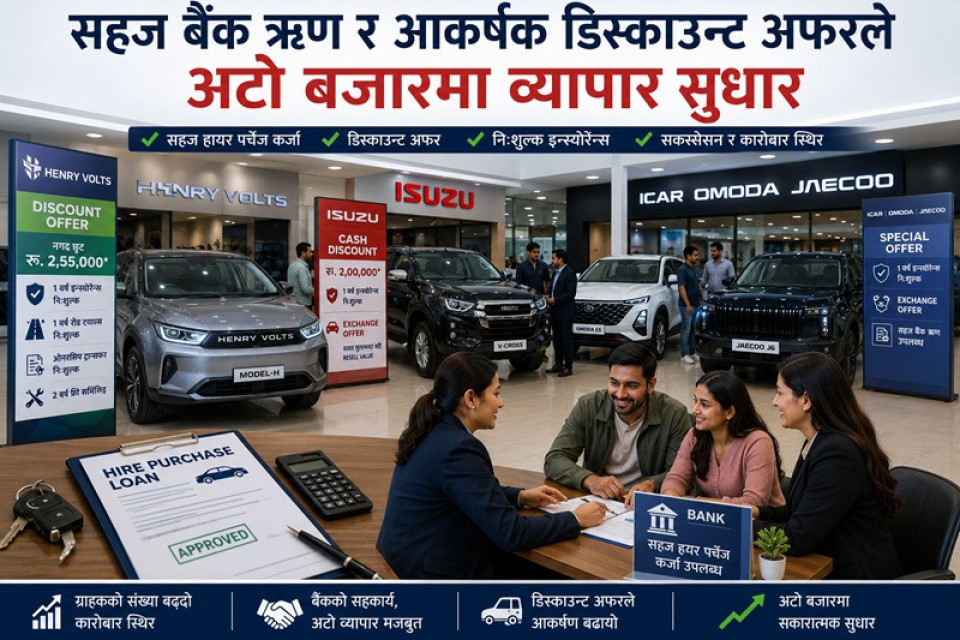 सहज हायर पर्चेज कर्जाले अटो बजारको ग्राफ उकालो, १ खर्ब १३ अर्ब नाघ्यो कर्जा प्रवाह