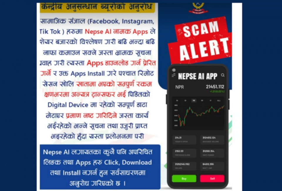 नेप्से एआई नामक एपबाट सेयर लगानीकर्ताको करोडौ ठगी, सीआईबीले गरायो सचेत